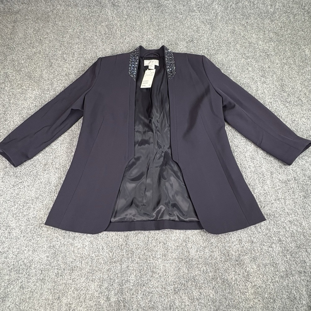 H&M Blazer Jacket Womens 12 Navy Open Embellished Glam Elegant Office Party